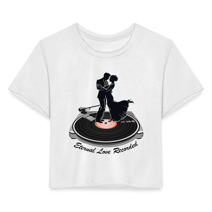 "Eternal Love Recorded" Couple Dancing on a Record Women's Crop Top - white