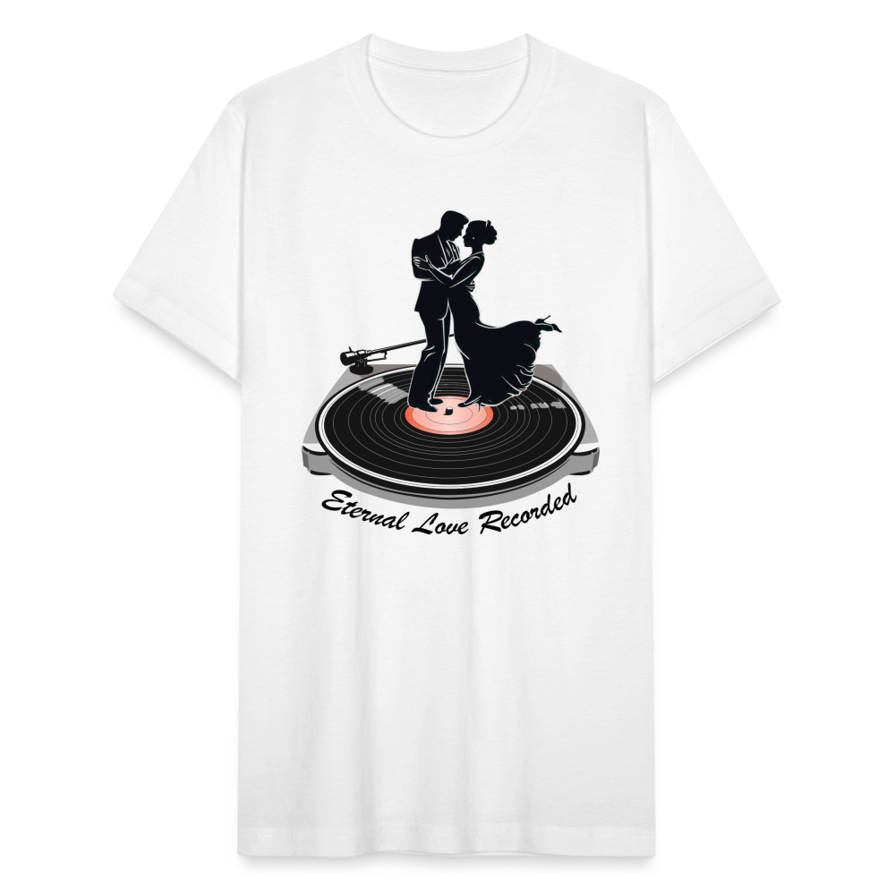 "Eternal Love Recorded" Couple Dancing on a Record Unisex Jersey T-Shirt - white