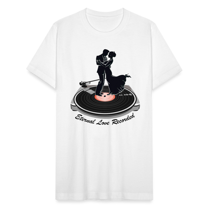 "Eternal Love Recorded" Couple Dancing on a Record Unisex Jersey T-Shirt - white