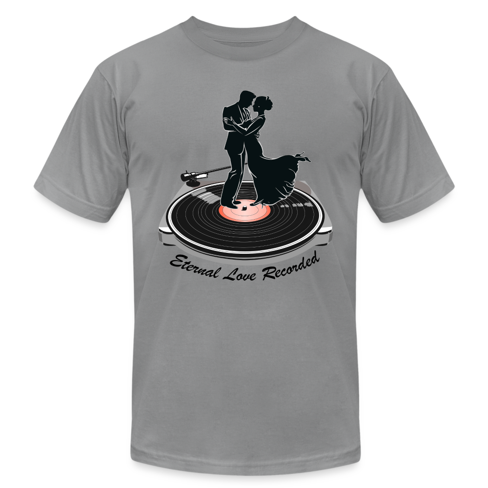 "Eternal Love Recorded" Couple Dancing on a Record Unisex Jersey T-Shirt - slate