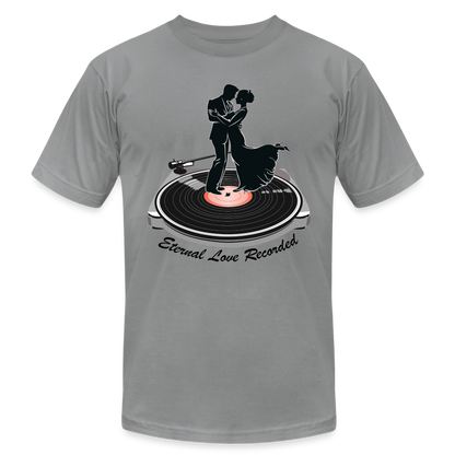 "Eternal Love Recorded" Couple Dancing on a Record Unisex Jersey T-Shirt - slate