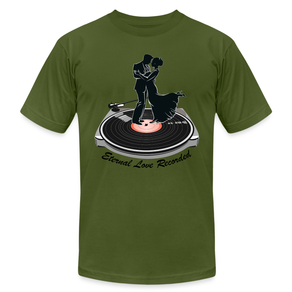 "Eternal Love Recorded" Couple Dancing on a Record Unisex Jersey T-Shirt - olive