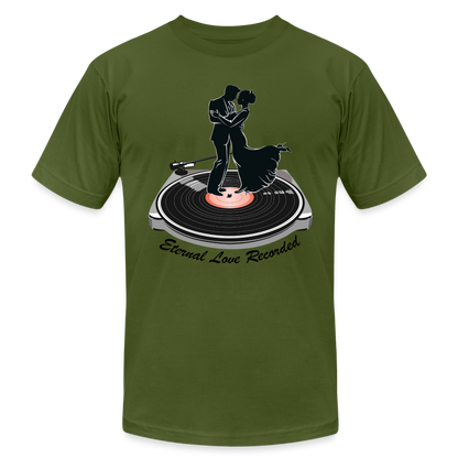 "Eternal Love Recorded" Couple Dancing on a Record Unisex Jersey T-Shirt - olive