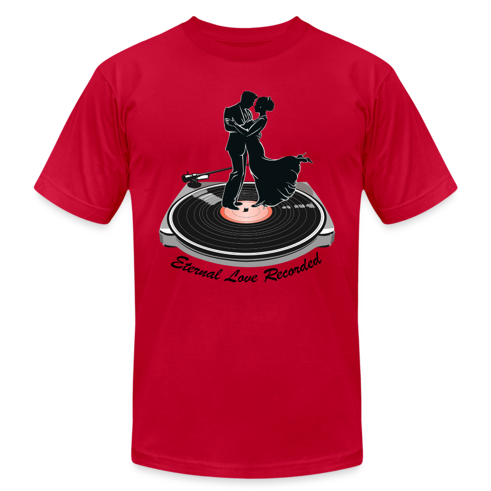 "Eternal Love Recorded" Couple Dancing on a Record Unisex Jersey T-Shirt - red