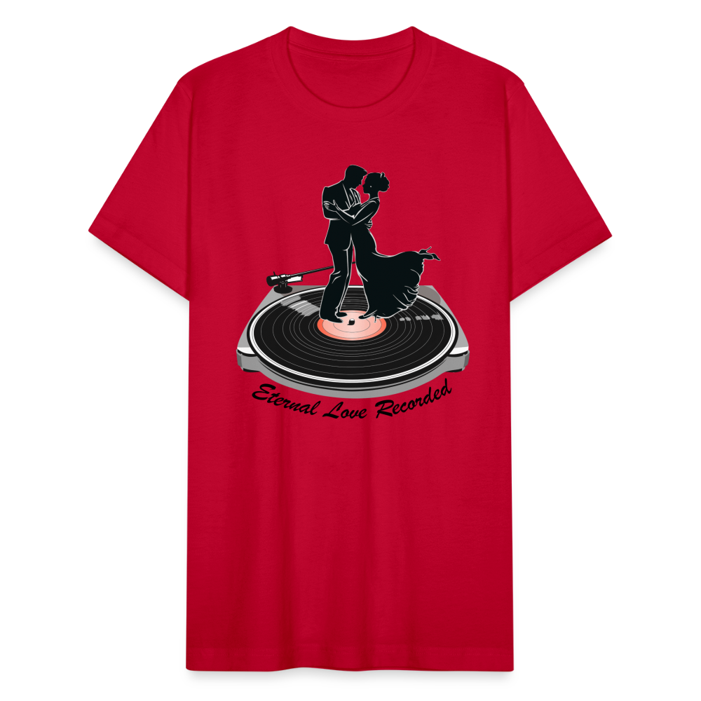 "Eternal Love Recorded" Couple Dancing on a Record Unisex Jersey T-Shirt - red