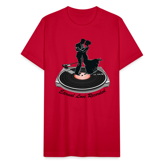 "Eternal Love Recorded" Couple Dancing on a Record Unisex Jersey T-Shirt - red