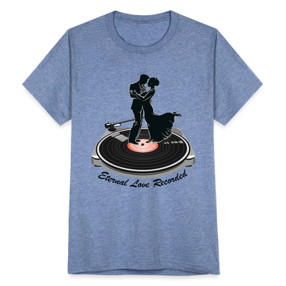 "Eternal Love Recorded" Couple Dancing on a Record Unisex Tri-Blend T-Shirt - heather blue