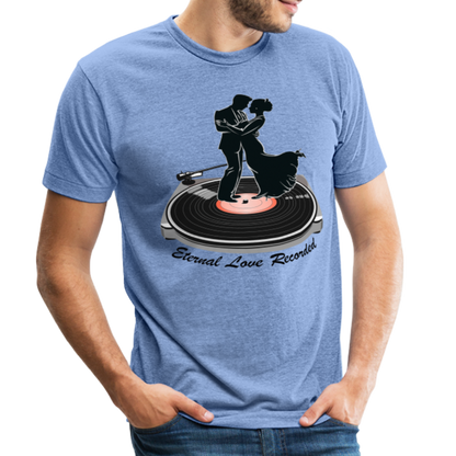 "Eternal Love Recorded" Couple Dancing on a Record Unisex Tri-Blend T-Shirt - heather blue