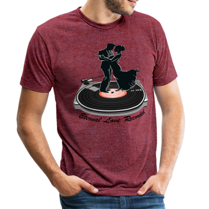 "Eternal Love Recorded" Couple Dancing on a Record Unisex Tri-Blend T-Shirt - heather cranberry