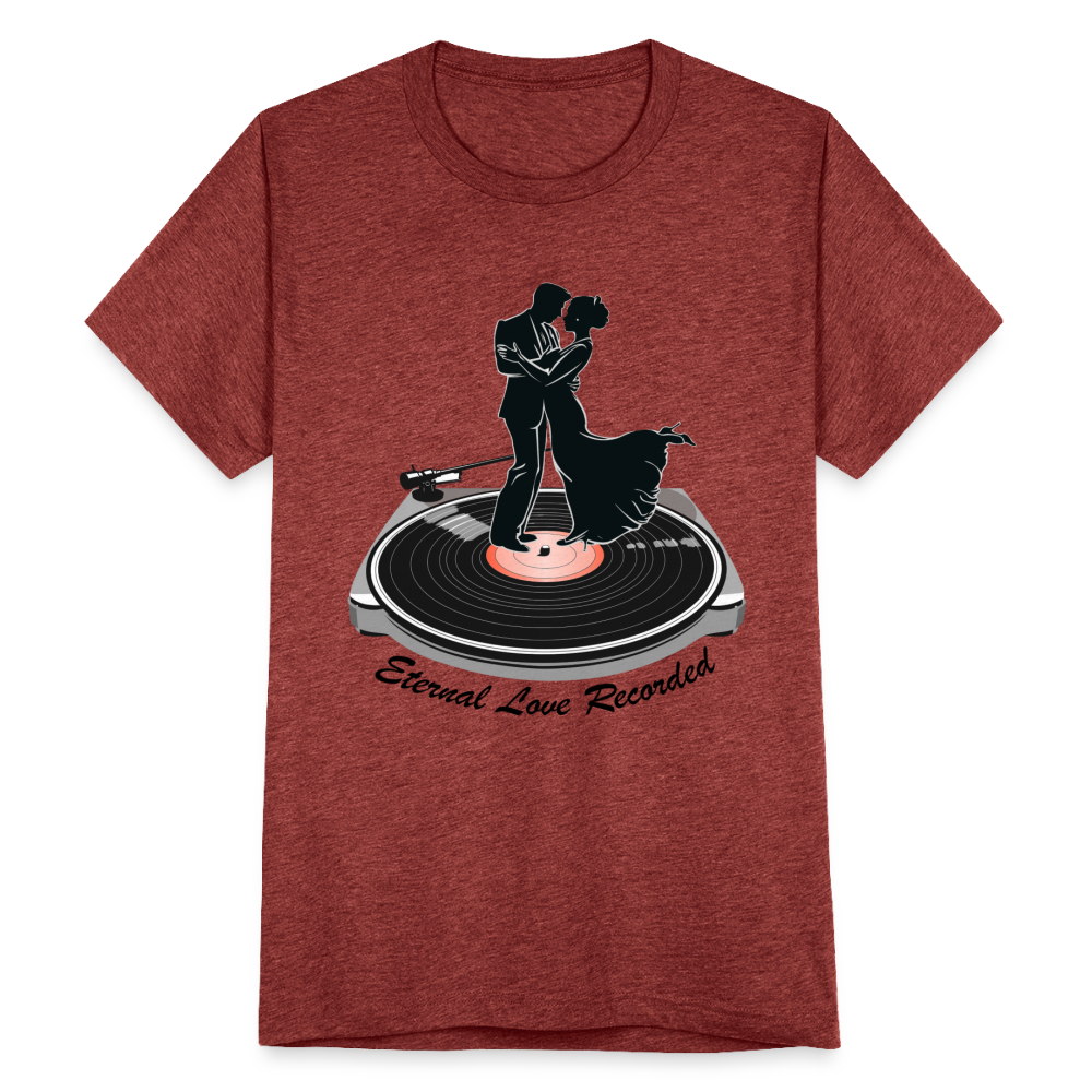 "Eternal Love Recorded" Couple Dancing on a Record Unisex Tri-Blend T-Shirt - heather cranberry