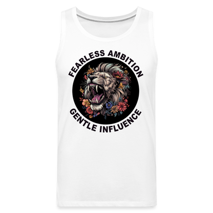 "Fearless Ambition, Gentle Influence" Flower Lion Men's Premium Tank Top - white