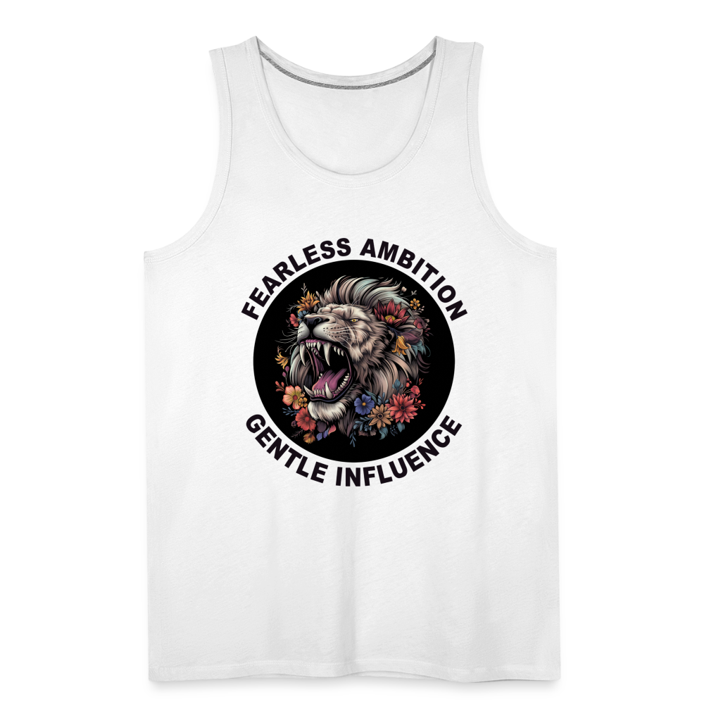 "Fearless Ambition, Gentle Influence" Flower Lion Men's Premium Tank Top - white