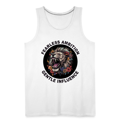 "Fearless Ambition, Gentle Influence" Flower Lion Men's Premium Tank Top - white