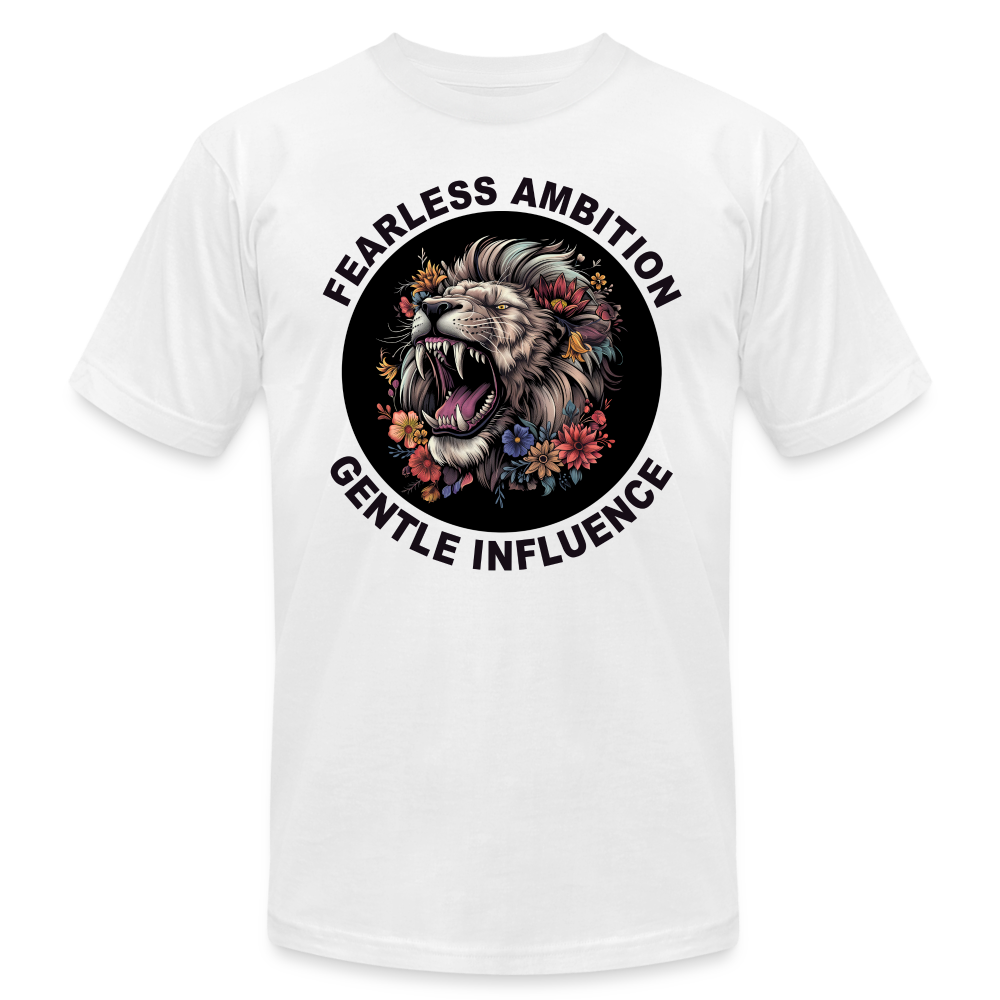 "Fearless Ambition, Gentle Influence" Flower Lion Unisex Jersey T-Shirt - white