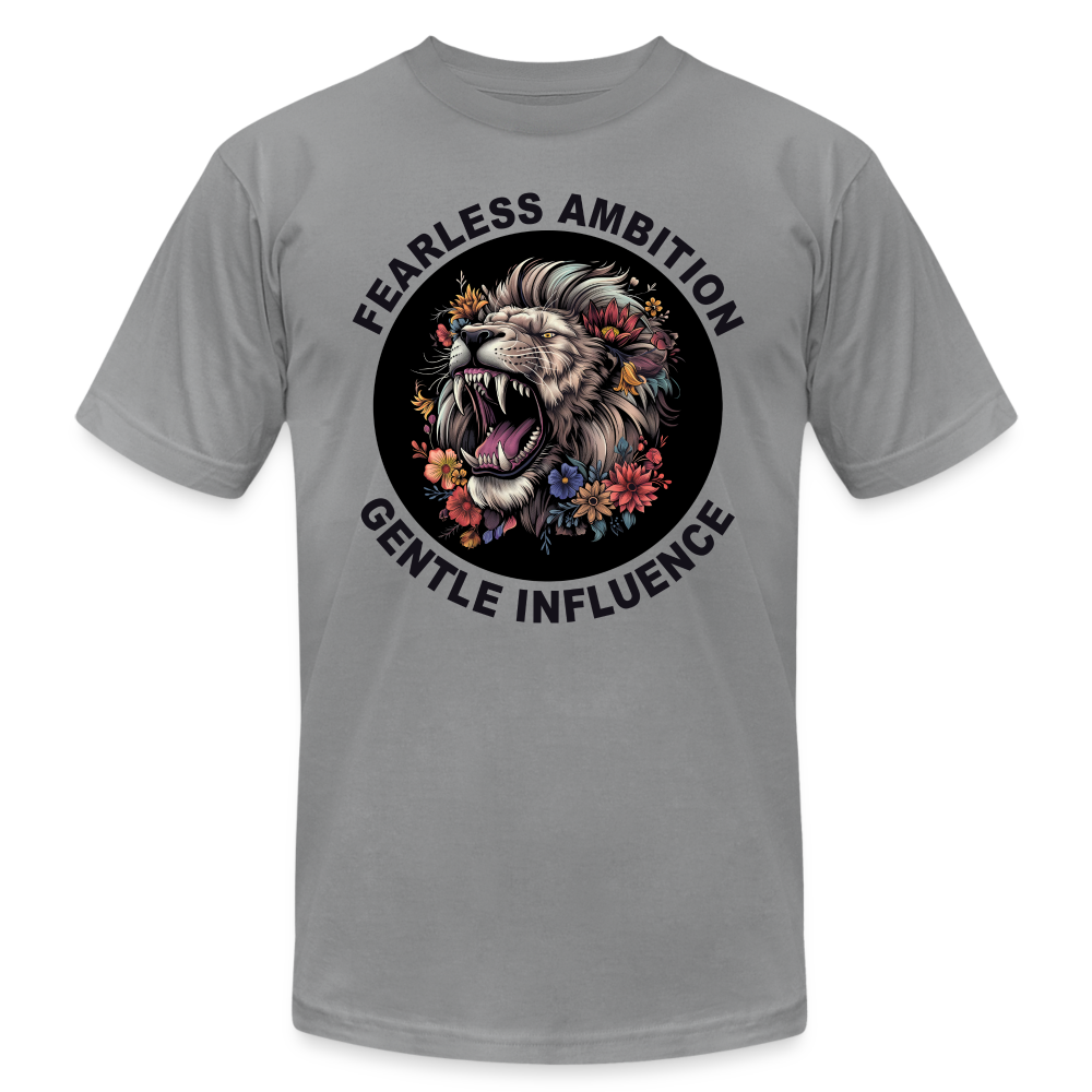 "Fearless Ambition, Gentle Influence" Flower Lion Unisex Jersey T-Shirt - slate