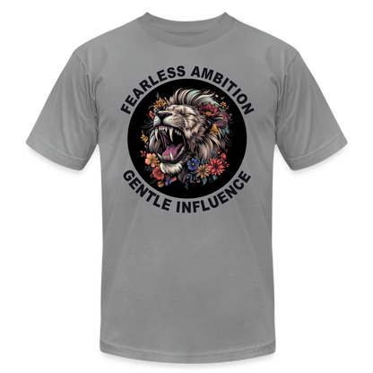 "Fearless Ambition, Gentle Influence" Flower Lion Unisex Jersey T-Shirt - slate