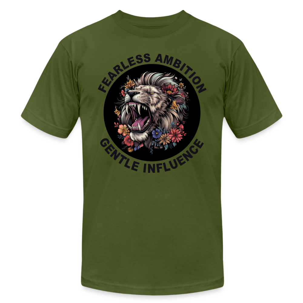 "Fearless Ambition, Gentle Influence" Flower Lion Unisex Jersey T-Shirt - olive