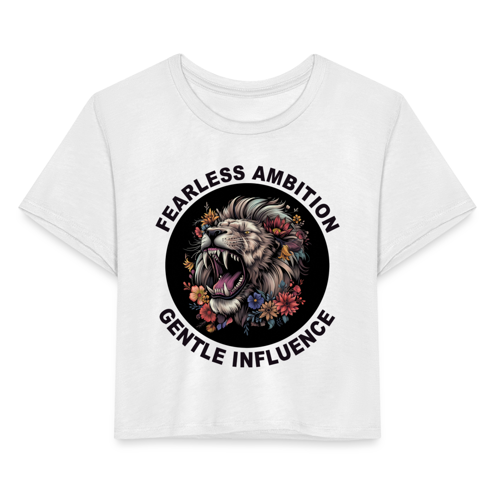 "Fearless Ambition, Gentle Influence" Flower Lion Women's Crop Top - white