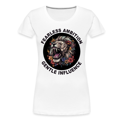 "Fearless Ambition, Gentle Influence" Flower Lion Women's Premium T-Shirt - white