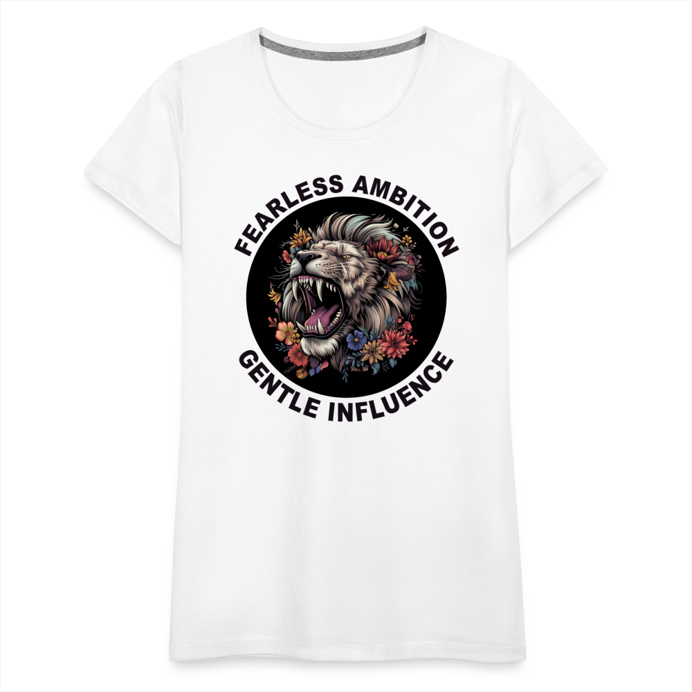 "Fearless Ambition, Gentle Influence" Flower Lion Women's Premium T-Shirt - white