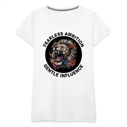 "Fearless Ambition, Gentle Influence" Flower Lion Women's Premium T-Shirt - white