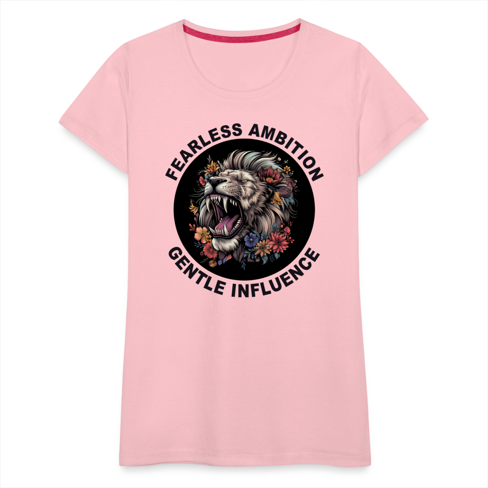 "Fearless Ambition, Gentle Influence" Flower Lion Women's Premium T-Shirt - pink