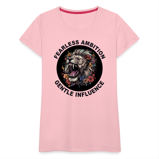 "Fearless Ambition, Gentle Influence" Flower Lion Women's Premium T-Shirt - pink