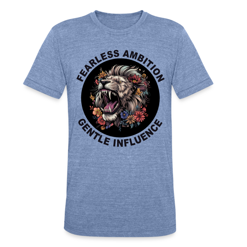 "Fearless Ambition, Gentle Influence" Flower Lion Unisex Tri-Blend T-Shirt - heather blue