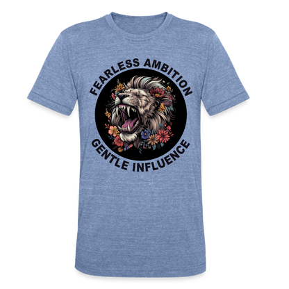 "Fearless Ambition, Gentle Influence" Flower Lion Unisex Tri-Blend T-Shirt - heather blue