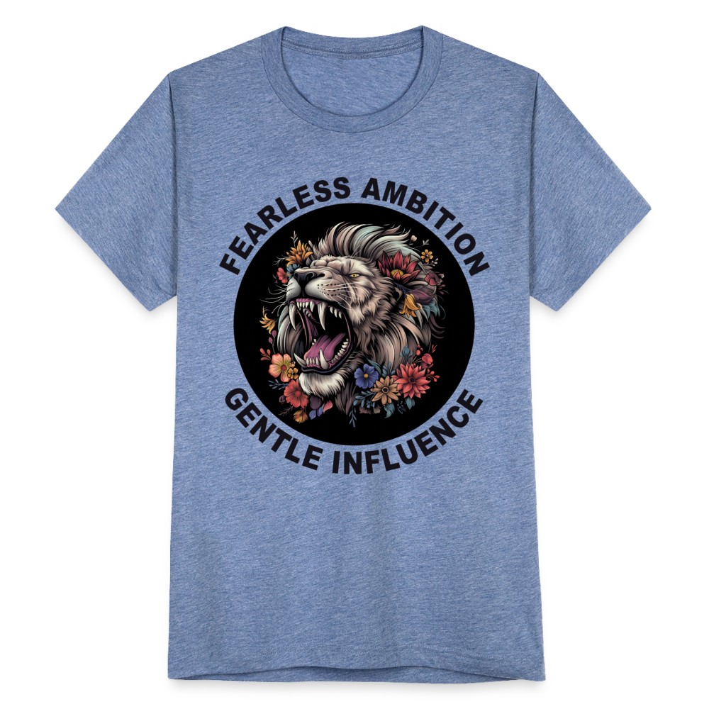 "Fearless Ambition, Gentle Influence" Flower Lion Unisex Tri-Blend T-Shirt - heather blue