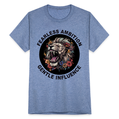 "Fearless Ambition, Gentle Influence" Flower Lion Unisex Tri-Blend T-Shirt - heather blue