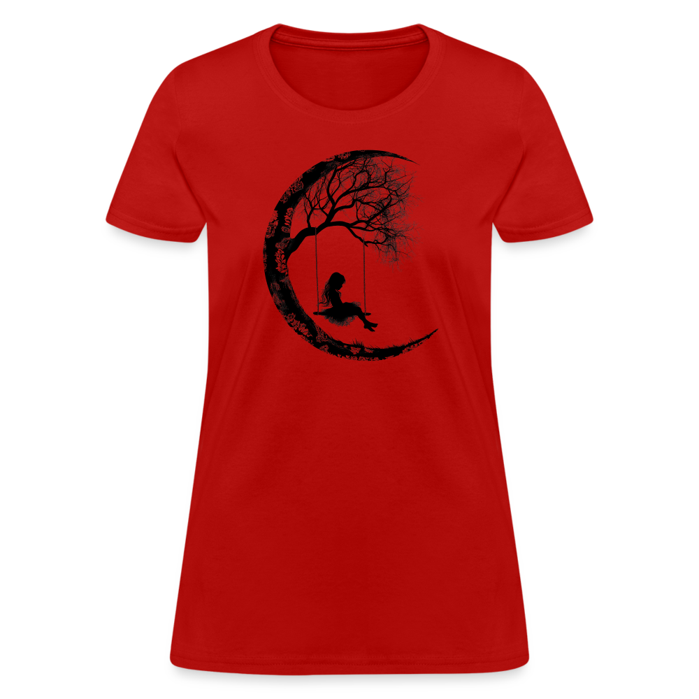 "Moon Swing Girl" Silhouette of a Girl Women's T-Shirt - red