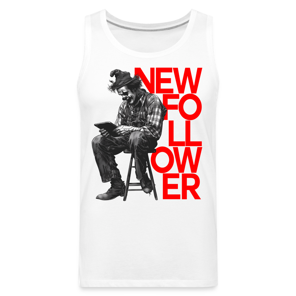 "New Follower" Vintage Clown with a Tablet Men's Premium Tank Top - white