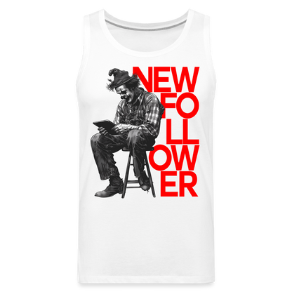 "New Follower" Vintage Clown with a Tablet Men's Premium Tank Top - white