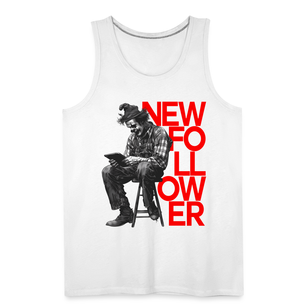 "New Follower" Vintage Clown with a Tablet Men's Premium Tank Top - white