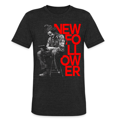 "New Follower" Vintage Clown with a Tablet Unisex Tri-Blend T-Shirt - heather black