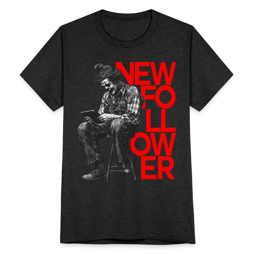 "New Follower" Vintage Clown with a Tablet Unisex Tri-Blend T-Shirt - heather black