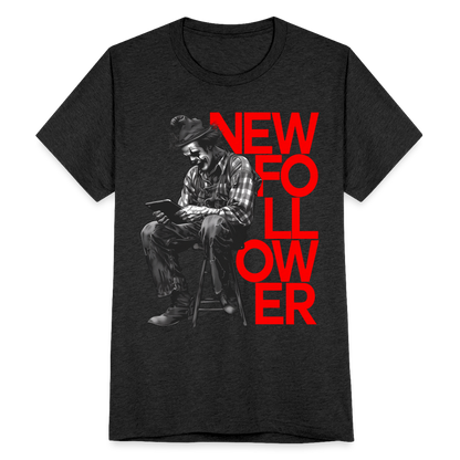 "New Follower" Vintage Clown with a Tablet Unisex Tri-Blend T-Shirt - heather black