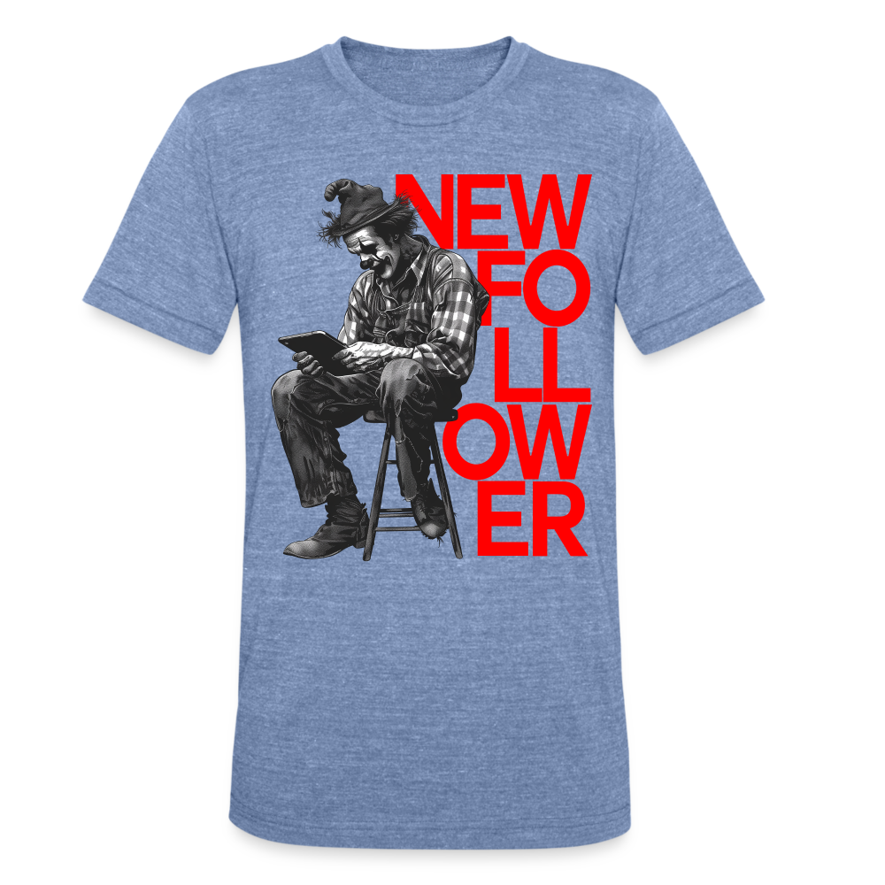 "New Follower" Vintage Clown with a Tablet Unisex Tri-Blend T-Shirt - heather blue