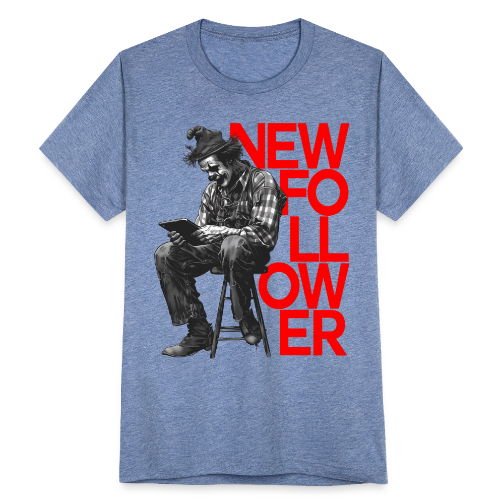 "New Follower" Vintage Clown with a Tablet Unisex Tri-Blend T-Shirt - heather blue