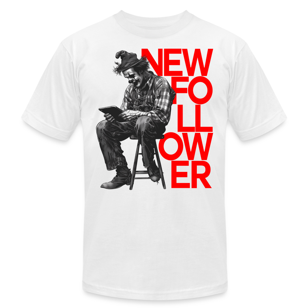 "New Follower" Vintage Clown with a Tablet Unisex Jersey T-Shirt - white