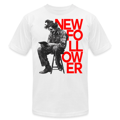 "New Follower" Vintage Clown with a Tablet Unisex Jersey T-Shirt - white