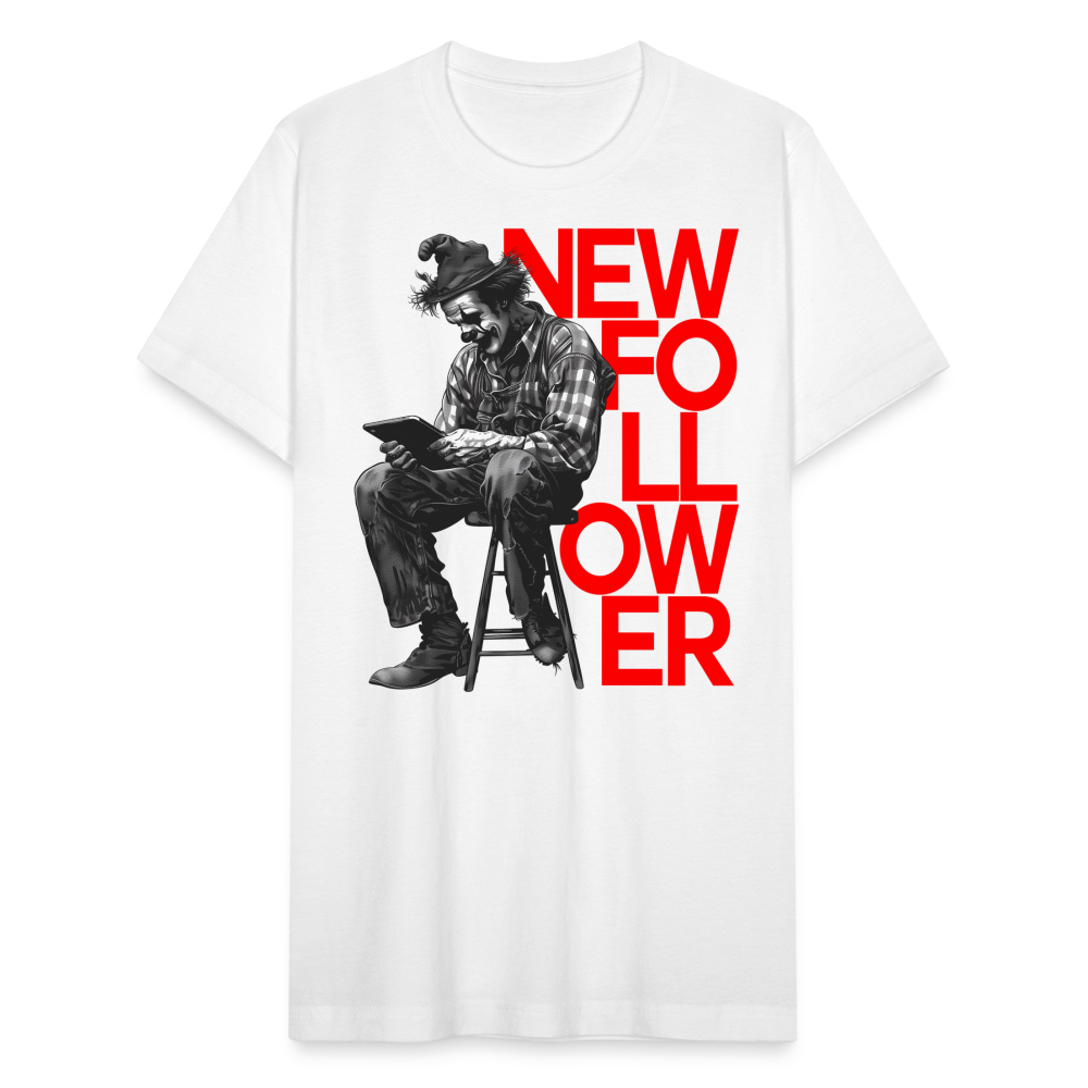 "New Follower" Vintage Clown with a Tablet Unisex Jersey T-Shirt - white