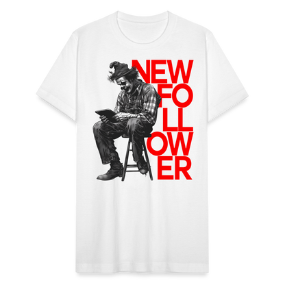 "New Follower" Vintage Clown with a Tablet Unisex Jersey T-Shirt - white