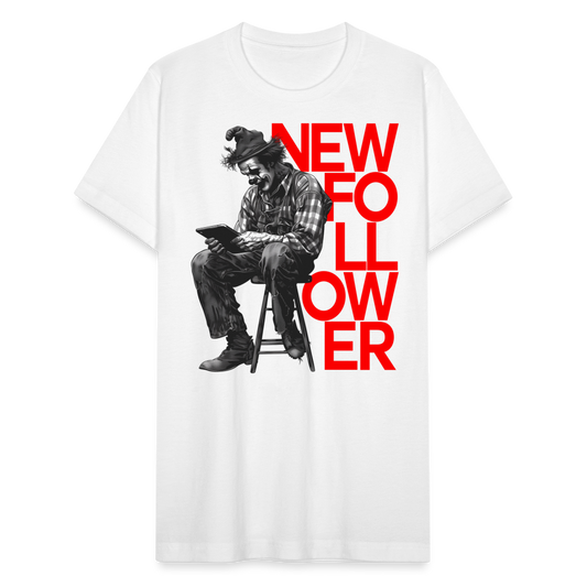 "New Follower" Vintage Clown with a Tablet Unisex Jersey T-Shirt - white