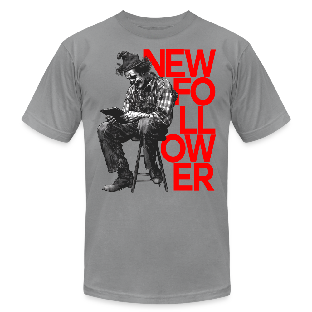 "New Follower" Vintage Clown with a Tablet Unisex Jersey T-Shirt - slate