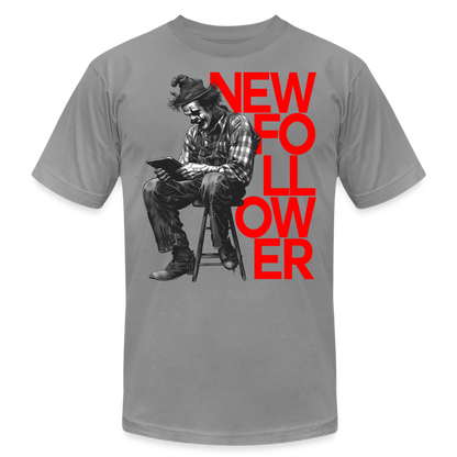 "New Follower" Vintage Clown with a Tablet Unisex Jersey T-Shirt - slate