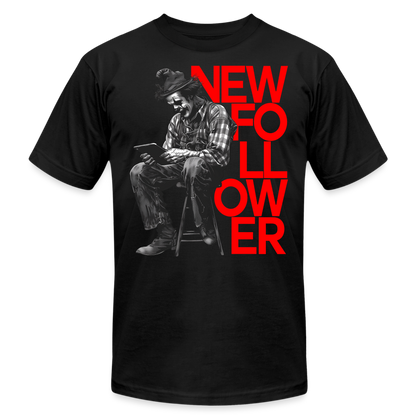 "New Follower" Vintage Clown with a Tablet Unisex Jersey T-Shirt - black