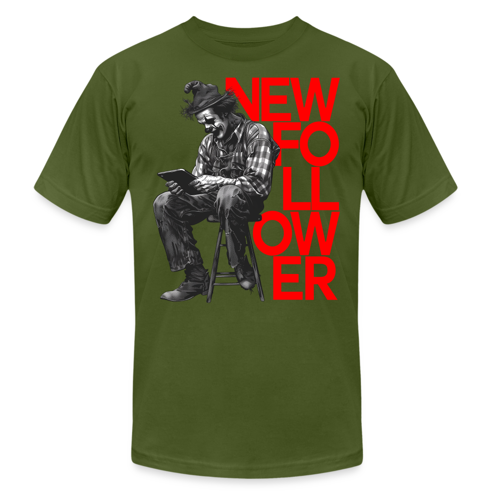 "New Follower" Vintage Clown with a Tablet Unisex Jersey T-Shirt - olive