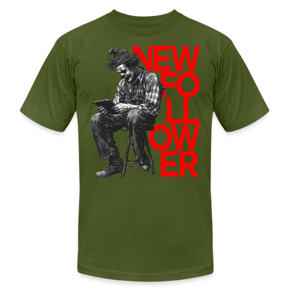 "New Follower" Vintage Clown with a Tablet Unisex Jersey T-Shirt - olive